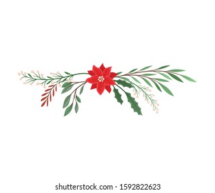 Christmas Branch Composition with Mistletoe Twig and Christmas Flower Vector Illustrated Element