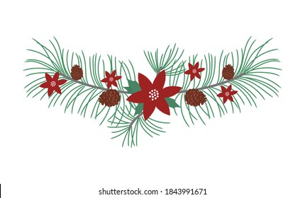 Christmas Branch Composition with Mistletoe Twig and Christmas Flower, Cone Vector Illustration for Card Decoration