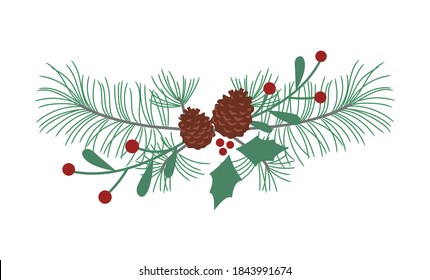 Weihnachtsbranchenkomposition mit Mistletoe Twig und Weihnachtsblume, Kone-Vektorgrafik für Kartendekoration