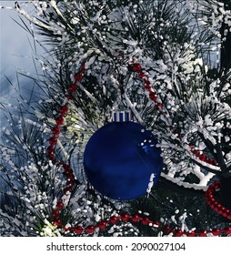 Christmas branch with decoration. Christmas background. Winter holiday decorations. Vector illustration. Blue ball with a garland. Festive clip-art. Wallpaper for the desktop, postcard, congratulation