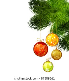 Christmas branch of fir tree with colored  evening balls on the white background