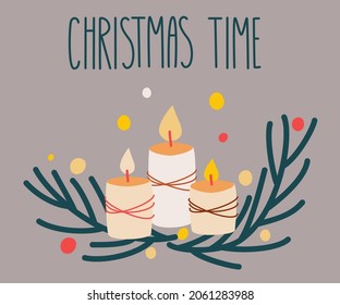 Christmas branch with fire candles. Happy New Year or Christmas card. Perfect for greeting cards, invitations, flayers. Shining winter decoration vector cartoon illustration. 