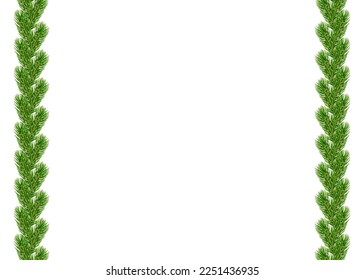 Christmas branch frame 3D. Green garland border isolated on white background. Template texture for holiday banner, decoration, invitation, New Year card. Elegant realistic design. Vector illustration