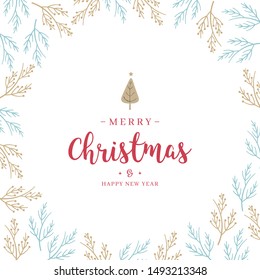 Christmas branch and greetings on white background card.