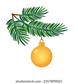 Christmas branch with hanging christmas ball. Modern bauble. Decoration for Christmas tree. Vector illustration