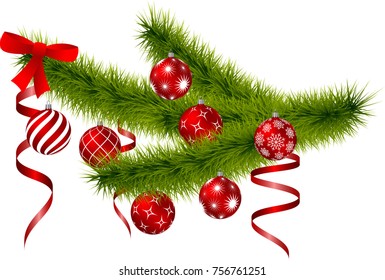 Christmas branch with hanging christmas balls. Illustration