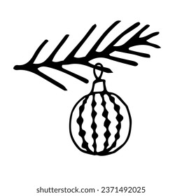 Christmas branch with hanging balls wit ornamets lines,dots.White and black simple line vector design