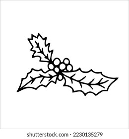 Christmas branch with holly berries and leaves. Line art style illustration for decoration. Isolated object on white background