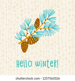 Christmas branch of pine with cones. Christmas template vector illustration.