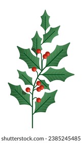 Christmas branch with red berries on an isolated background. Decoration element. Flat vector illustration