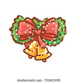 Christmas branch with red bow and bell, with snow. Cute cartoon illustration for Christmas and New Year celebration. Vector hand drawn doodle style for for greeting card, poster, banner, invitation