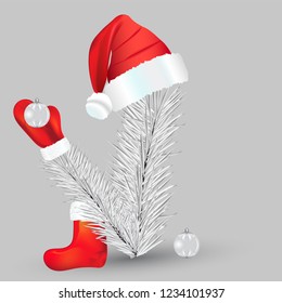 Christmas branch with santa hat, felt boot and mitten and balls on gray background