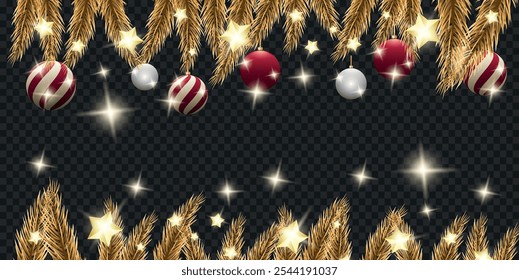 Christmas branch with Christmas tree decorations and garlands on a transparent background. Template for design. Realistic effect. Glow and Sparkling. 3d. Pine ornament. Shine. Xmas. Chinese New Year