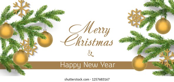 Christmas branches banner in vector. New Year Greetings card. Congratulations!