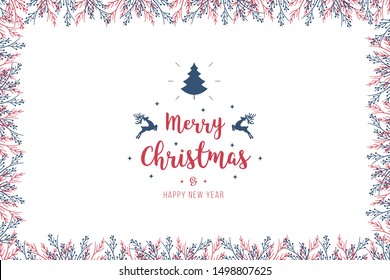 Christmas branches border with greetings on white background card