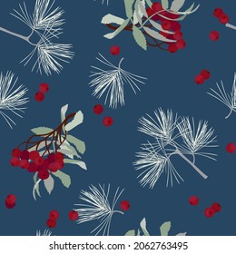 Christmas branches pine, red rowan berries in seamless pattern background. Spruce and rowan design element for backdrop,wallpaper,wrap. New year holiday vector illustration.