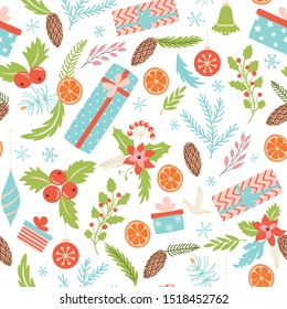 Christmas branches seamless pattern Coniferous spruce branches gifts background New Year elements