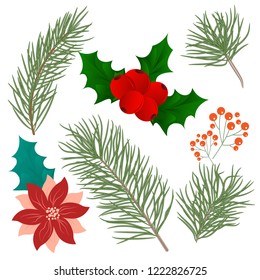 Christmas branches tree set for decor. Collection of pine branches and Vector set of christmas graphic elements. Merry Christmas design for invitation and greeting card, prints and posters.