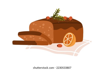 Christmas bread loaf. Seet festive dessert. Traditional Xmas bakery with fruits, berries, chocolate. Baked food, fruitcake for winter holiday. Flat vector illustration isolated on white background