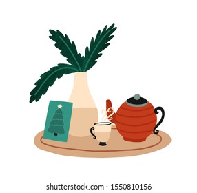 Christmas breakfast and tea vector illustration. Winter holidays items. New Year decorative serving flat color design element. Served lunch on tea table isolated on white background.