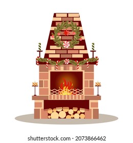 Christmas brick fireplace decorated with garland, wreath and candles. Happy new year decoration. Winter holiday and xmas celebration. Vector illustration flat cartoon style