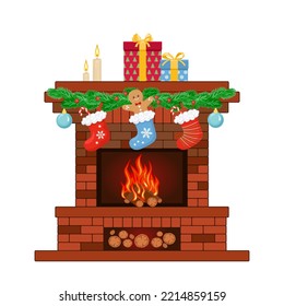 Christmas brick fireplace with gifts and stockings isolated on white. Vector cartoon illustration of winter holiday.