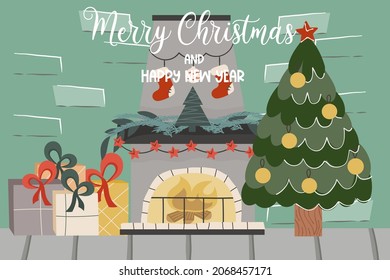 Christmas brick loft with fireplace, fir tree, text Merry Christmas.Decorated with balls spruce and fireplace candles and gifts. Vector illustration of a festive interior