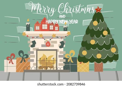 Christmas brick loft with fireplace, fir tree, text Merry Christmas.Decorated with balls spruce and fireplace candles and gifts. Vector illustration of a festive interior