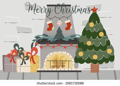 Christmas brick loft with fireplace, fir tree, text Merry Christmas.Decorated with balls spruce and fireplace candles and gifts. Vector illustration of a festive interior