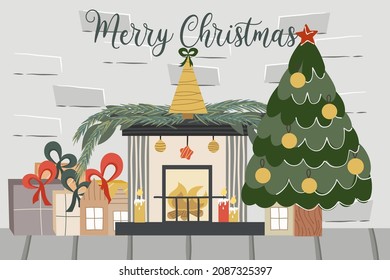 Christmas brick loft with fireplace, fir tree, text Merry Christmas.Decorated with balls spruce and fireplace candles and gifts. Vector illustration of a festive interior