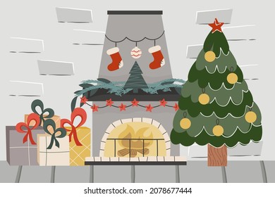Christmas brick loft with fireplace and tree.Decorated balls spruce, fireplace with candles and gifts. Vector illustration of a festive interior.