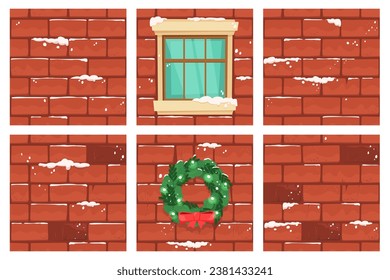 Colección De Fondos De Muro De Ladrillo De Navidad, Casa De Invierno Cubierta De Nieve, Texturas Vectoras. Juego de auténticos fondos para la construcción de caricaturas para el diseño de juegos, la impresión, los textiles y más.