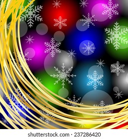 christmas bright background with gold rings and snowflakes,  vector  illustration