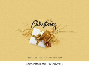 Christmas bright background with golden decorations. Xmas greeting card. Happy New Year. Festive objects in the form of border gold gifts box, bauble balls.