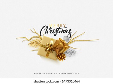 Christmas bright background with golden decorations. Xmas greeting card. Happy New Year. Festive objects in the form of border gold gifts box, bauble balls.