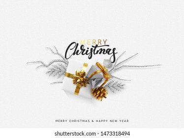 Christmas bright background with golden decorations. Xmas greeting card. Happy New Year. Festive objects in the form of border gold gifts box, bauble balls.