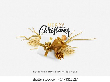 Christmas bright background with golden decorations. Xmas greeting card. Happy New Year. Festive objects in the form of border gold gifts box, bauble balls.