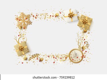 Christmas bright background with golden Xmas decorations. Merry christmas greeting card. Glitter gold composition. Happy New Year. Elegant Holiday Frame