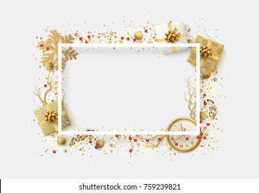 Christmas Bright Background With Golden Xmas Decorations. Merry Christmas Greeting Card. Glitter Gold Composition. Happy New Year. Elegant Holiday Frame