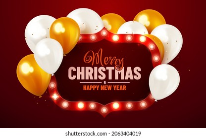 Christmas bright background. Retro Christmas light sign with balloons. Vector illustration.