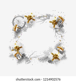 Christmas bright background with silver decorations. Xmas greeting card. Happy New Year. Festive objects in the form of border white gifts, bauble balls, shiny snowflake, old watches and tinsel