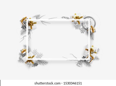 Christmas bright background with silver decorations. Xmas greeting card. Happy New Year. Festive objects in the form of border white gifts, bauble balls, shiny snowflake, old watches and tinsel