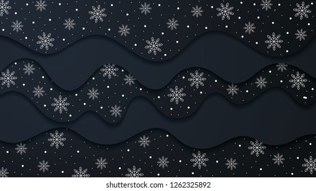 Christmas bright background with waves and snowflake. 3D paper effect. Vector illustration.