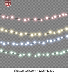 Christmas bright, beautiful lights, design elements. Glowing lights for design of Xmas greeting cards. Garlands, light Christmas decorations.