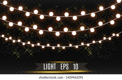Christmas bright, beautiful lights, design elements. Glowing lights for design of Xmas greeting cards. Garlands, light Christmas decorations.