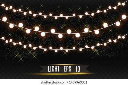 Christmas bright, beautiful lights, design elements. Glowing lights for design of Xmas greeting cards. Garlands, light Christmas decorations.