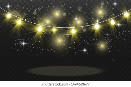 Christmas bright, beautiful lights, design elements. Glowing lights for design of Xmas greeting cards. Garlands, light Christmas decorations.