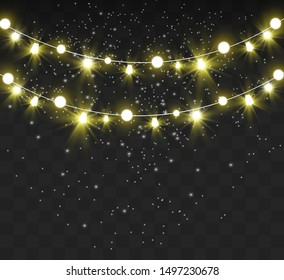 Christmas bright, beautiful lights, design elements. Glowing lights for design of Xmas greeting cards. Garlands, light Christmas decorations.