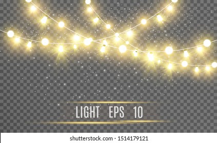 Christmas bright, beautiful lights, design elements. Glowing lights for design of Xmas greeting cards. Garlands, light Christmas decorations.