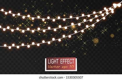 Christmas bright, beautiful lights, design elements. Glowing lights for design of Xmas greeting cards. Garlands, light Christmas decorations.